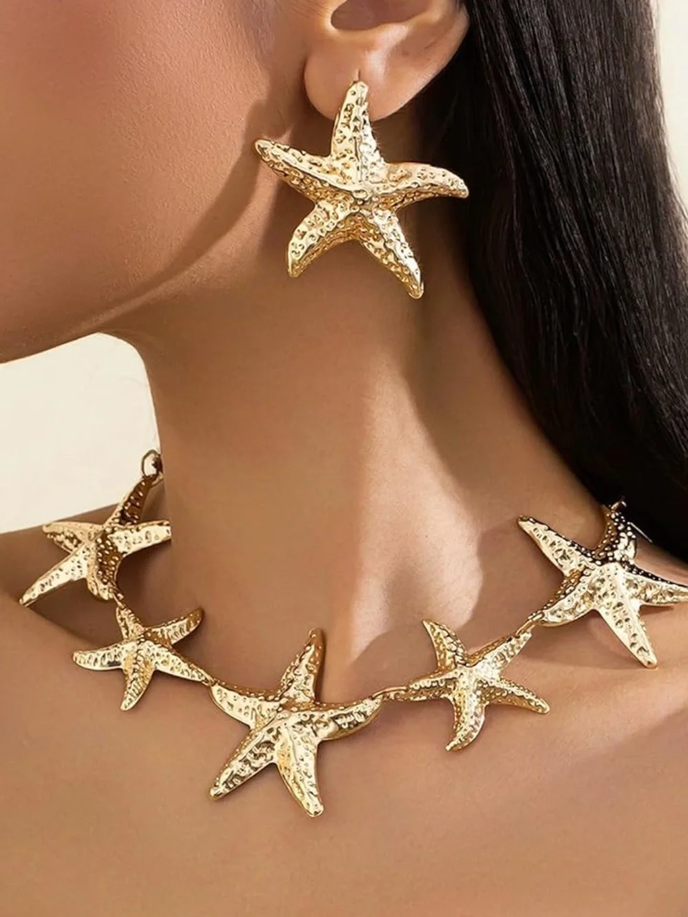 Gold Starfish Statement Necklace and Earrings Set